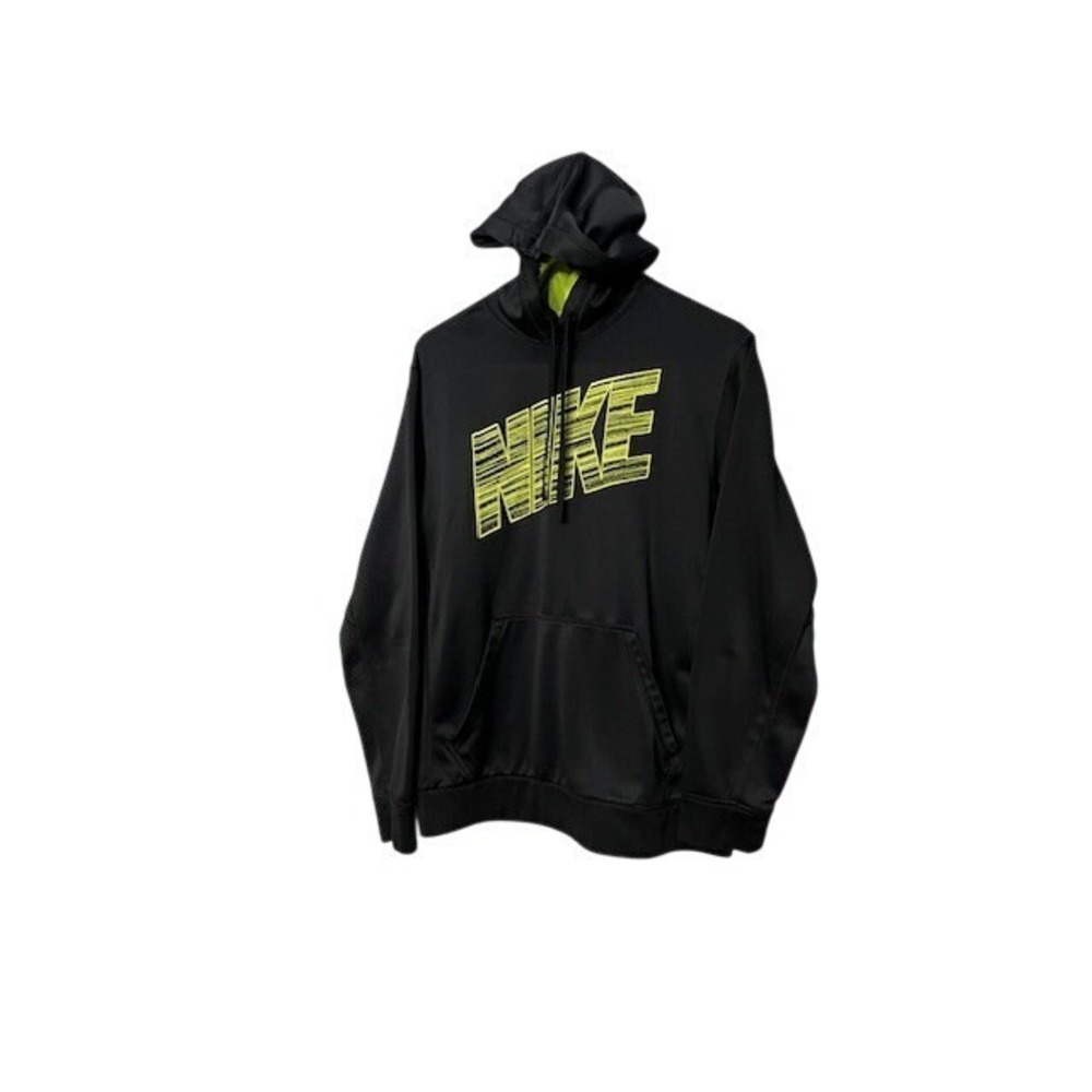 Nike Therma-FIT Mens Hoodie Black Neon Yellow Volt Graphic Pullover Sweatshirt L